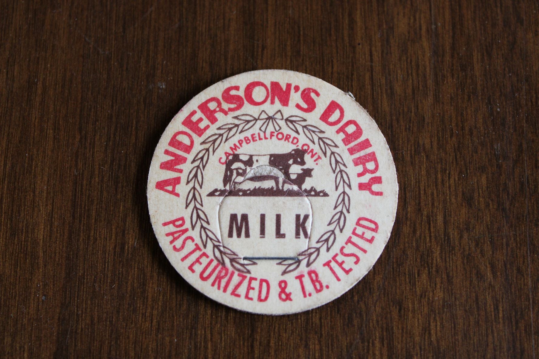 Vintage Cardboard Milk Bottle Top - Anderson's Dairy - Campbellford
