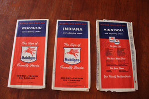 Box Lot Of Vintage Mobilgas Road Maps - Wisconsin, Indiana and Minnesota