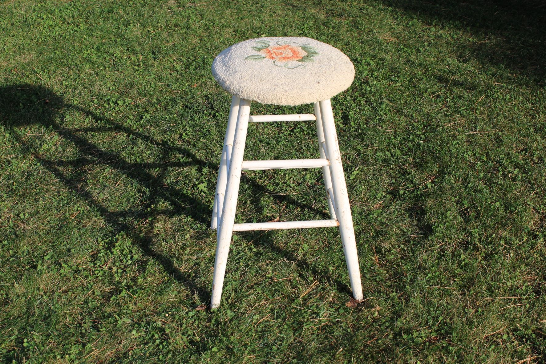 Old Wooden Stool With Hooked Cushion Top