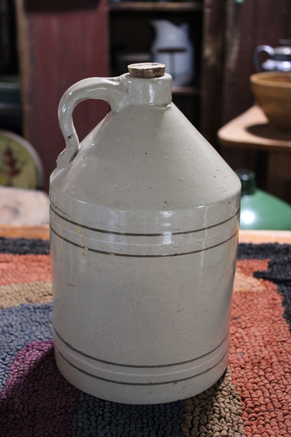 Vintage Stoneware Jug/Crock With Brown Pin Stripes