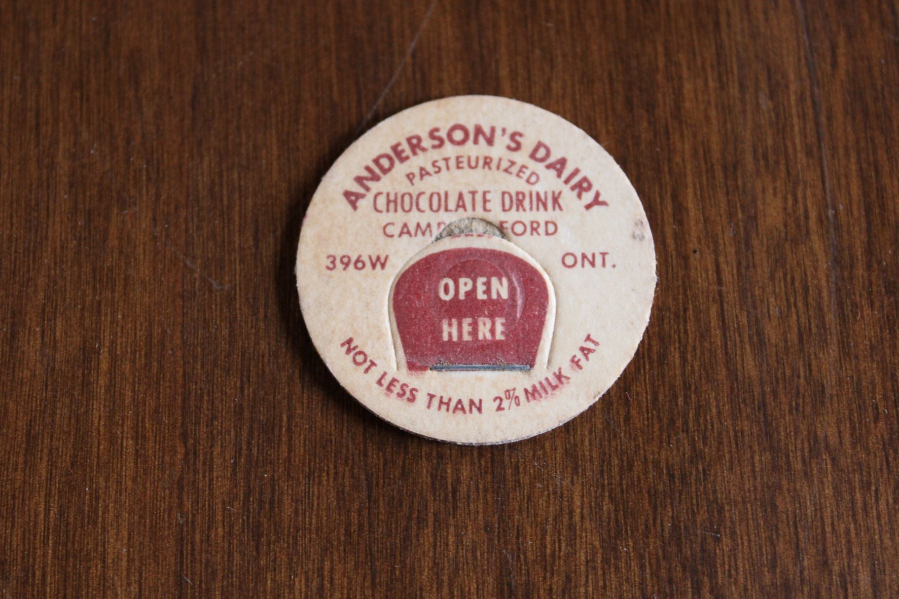 Vintage Cardboard Milk Bottle Top - Anderson's Dairy - Campbellford
