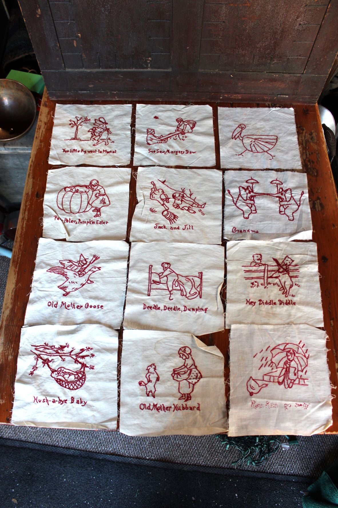 Lot of 12 Vintage Red Work Embroidery Quilt Squares