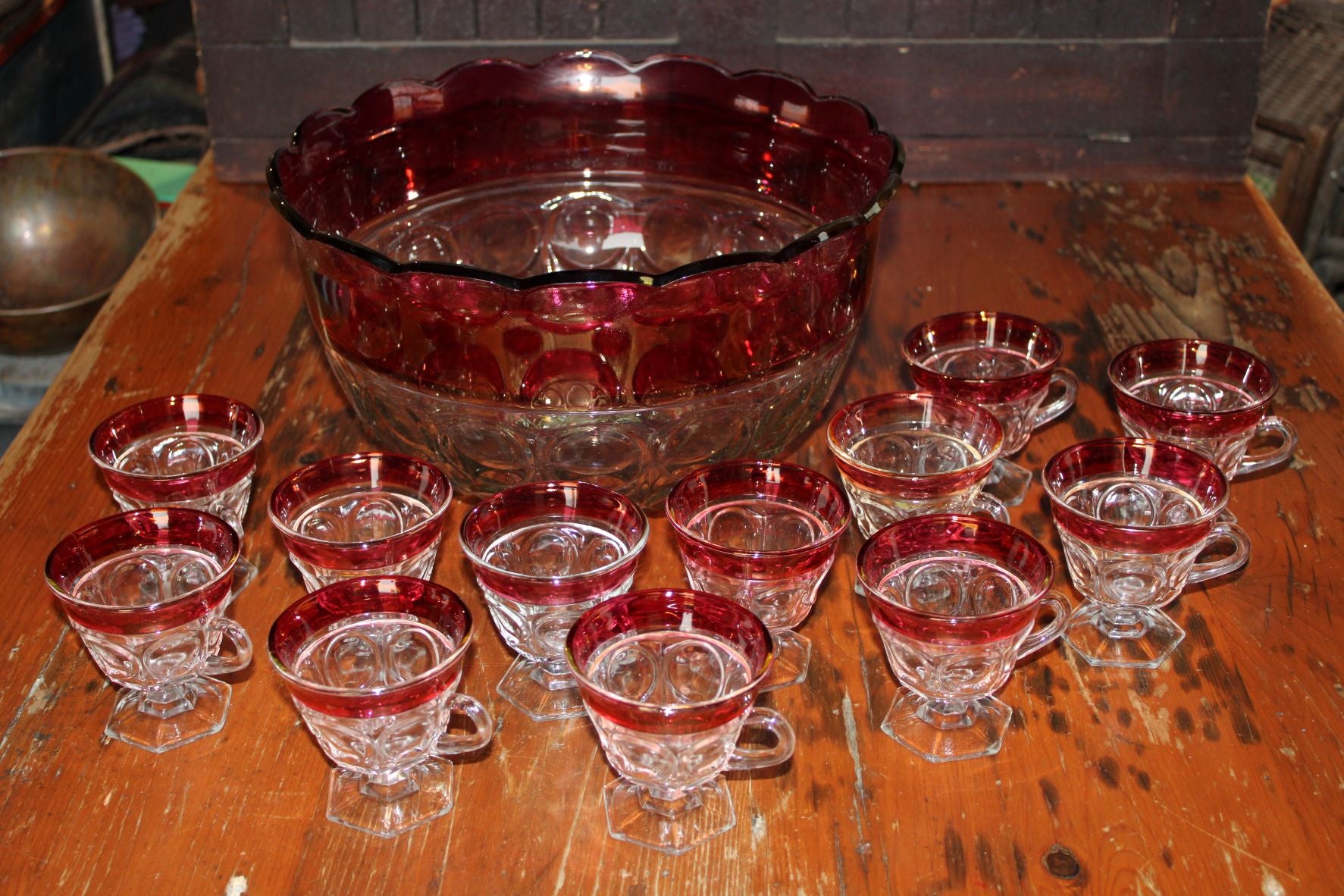 Vintage Indiana Glass Ruby Banded Punch Bowl Set With Original Box