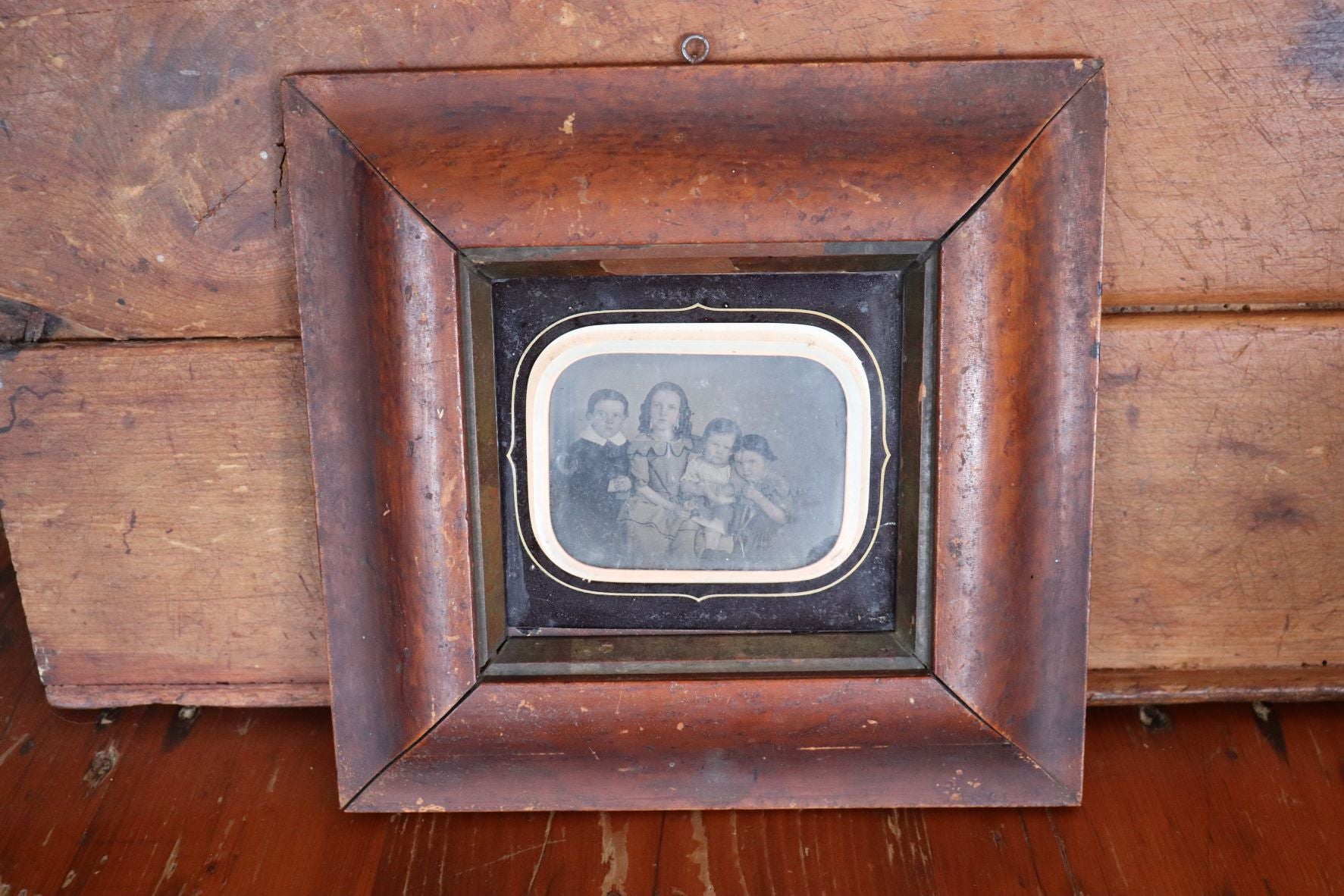Old Framed Quarter Plate Ambrotype Of Children In Wooden Frame
