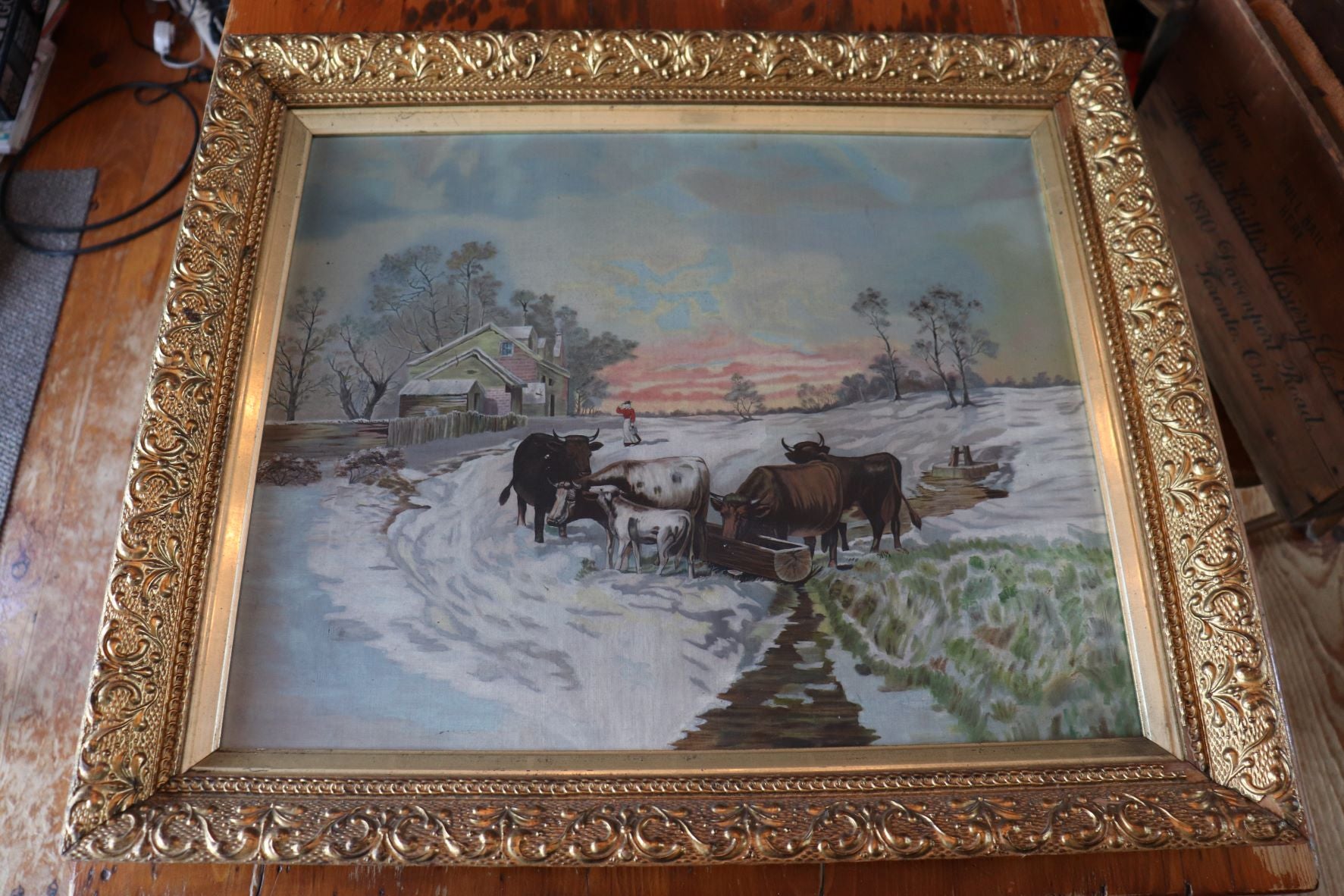Old Painting Of Cows In Winter