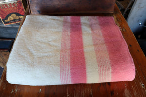 Vintage Large Wool Blanket - Cream with Pink Stripes