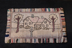 Vintage Hooked Rug With House