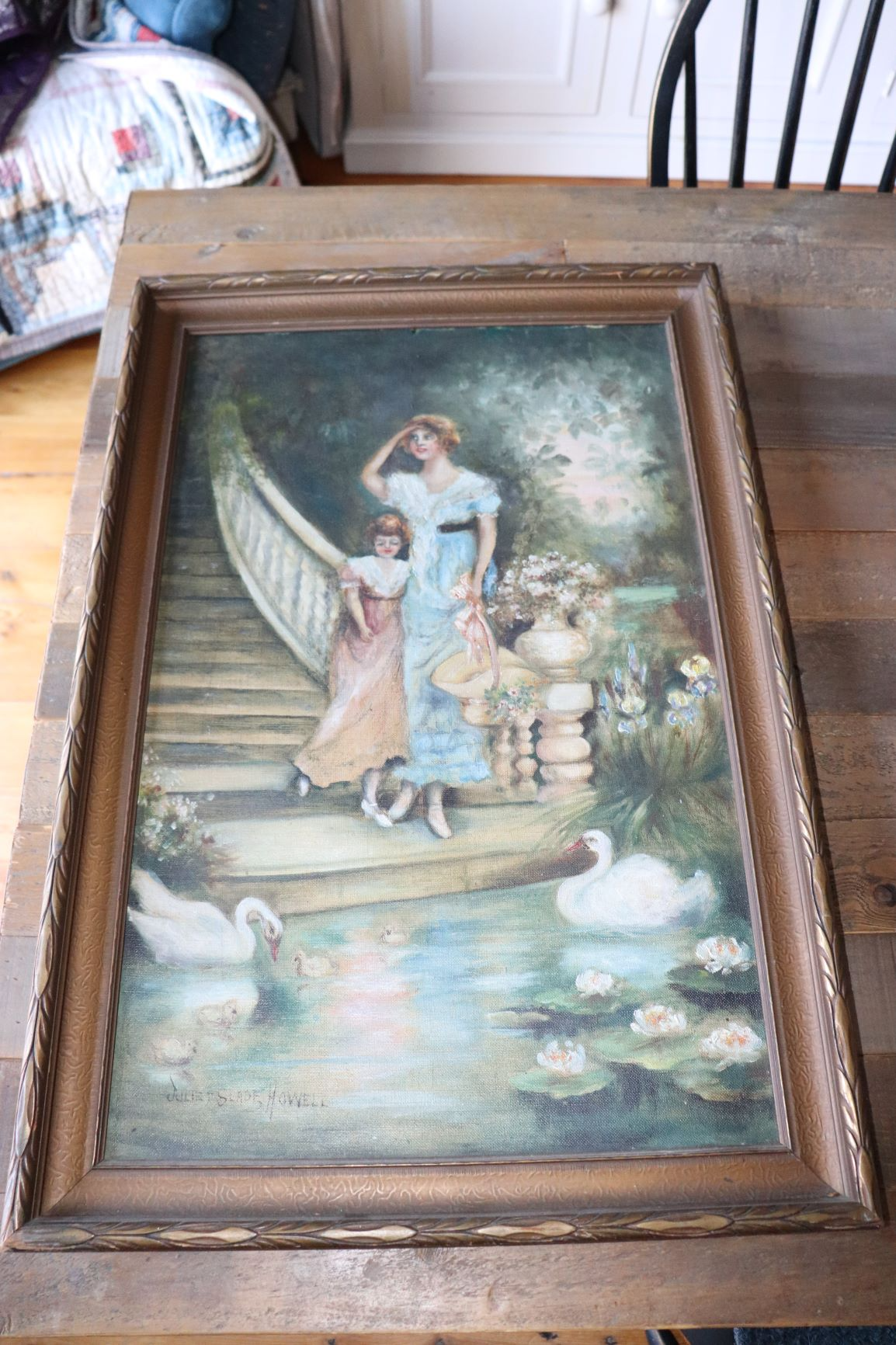 Vintage Painting With Swans