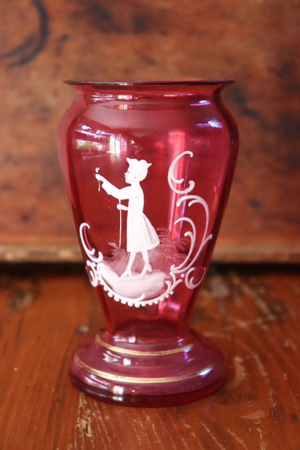 Vintage Mary Gregory Style Cranberry Vase With Painted Scene