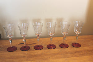 Vintage Set of 6 Liquer Glasses With Cranberry Glass Bases