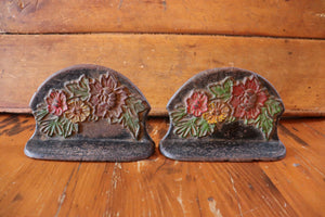 Pair of Old Cast Iron Bookends - Flowers