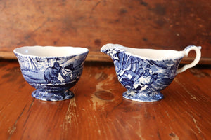Vintage Old Foley Blue And White Cream And Sugar