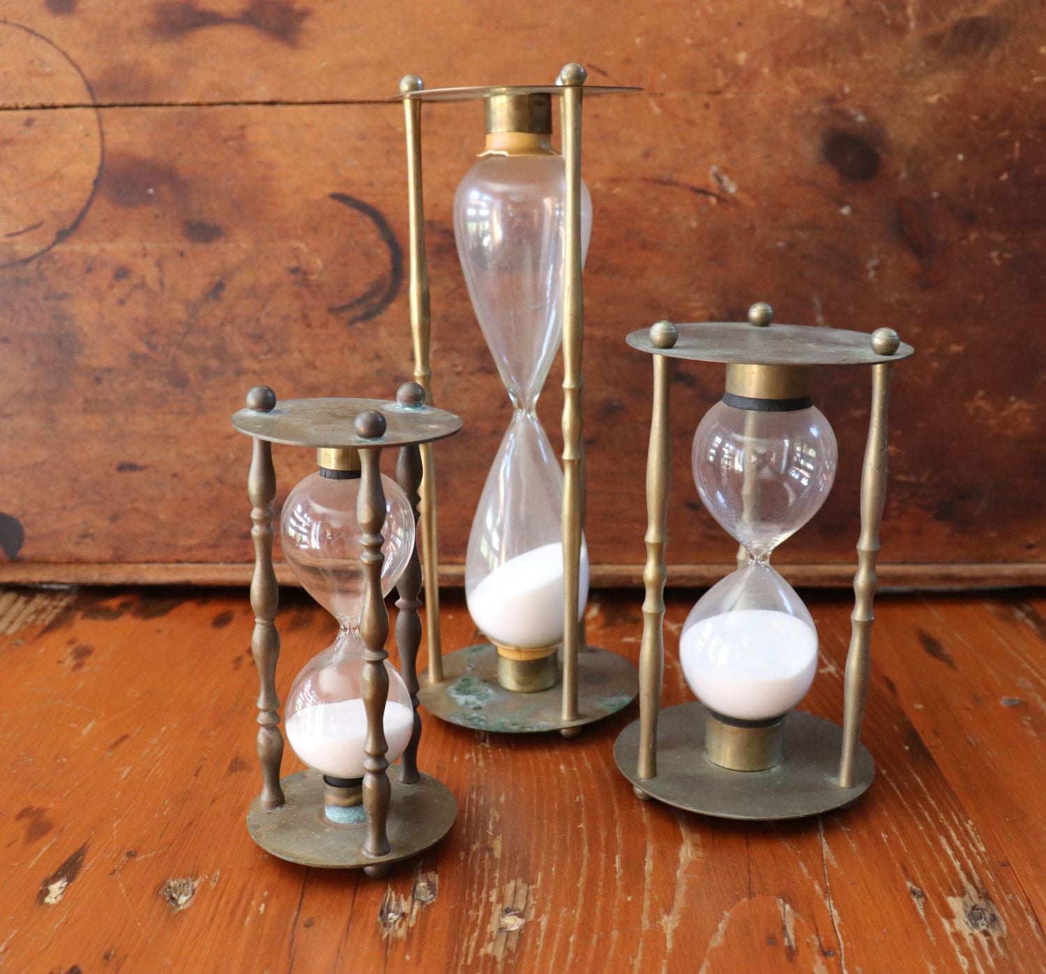 Set Of 3 Vintage Brass Hourglasses