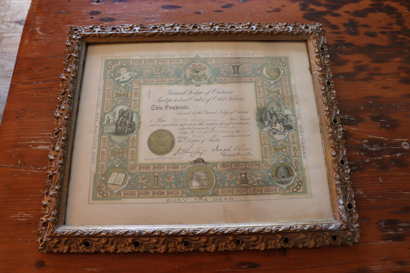 Old Framed I.O.O.F Certificate Dated 1887