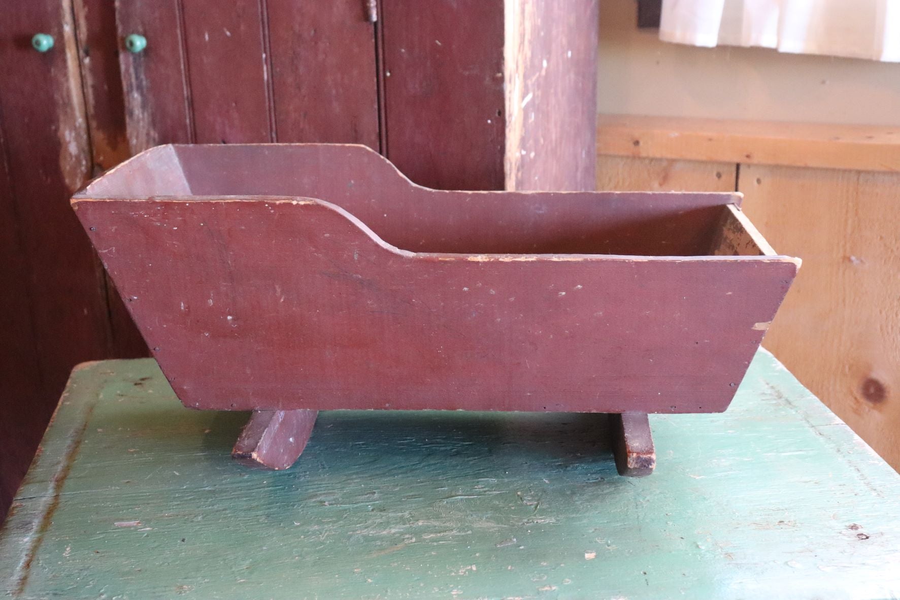 Vintage Wooden Doll's Cradle In Red Paint