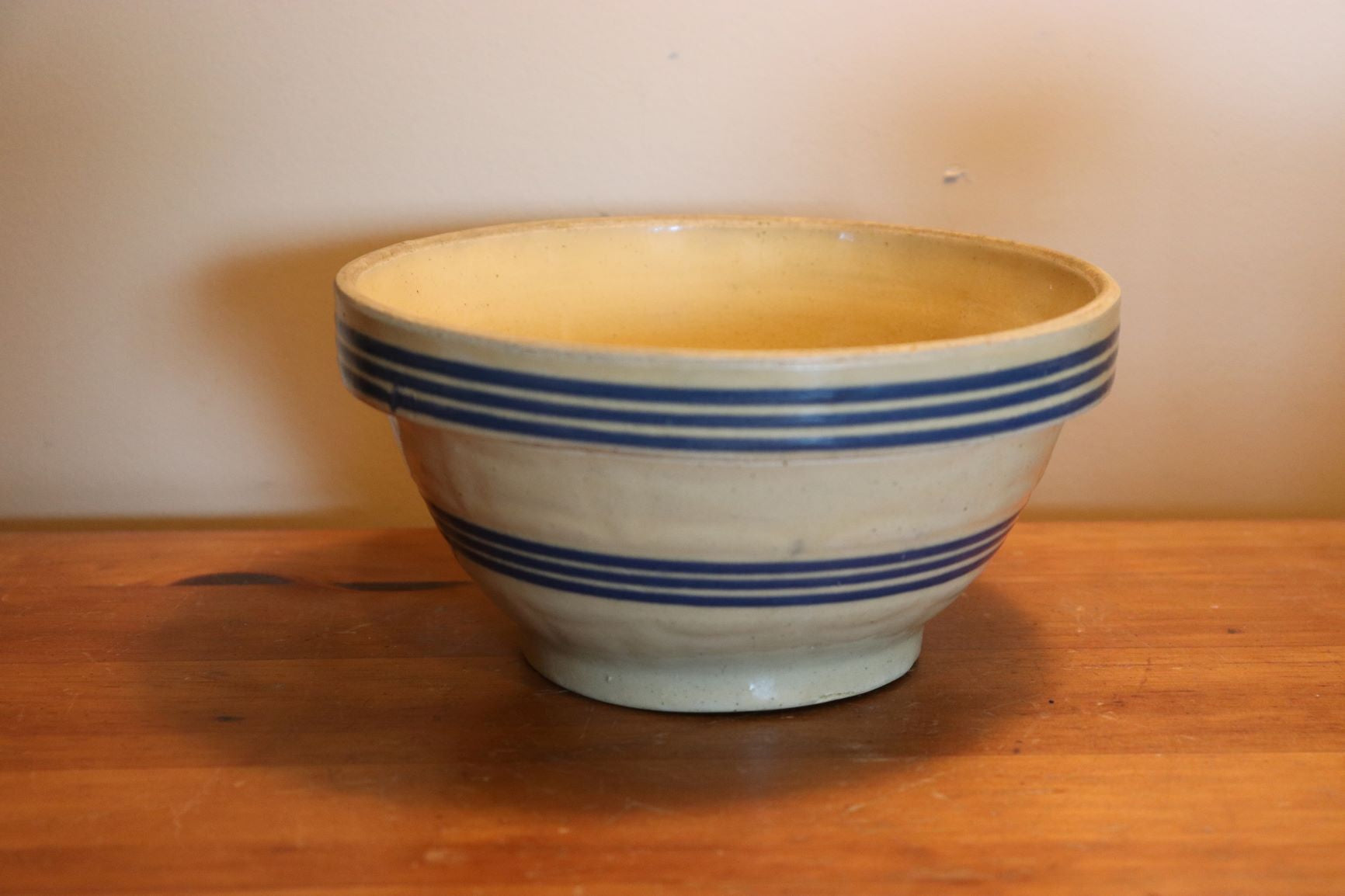 Old Small Yellowware Bowl With Blue Stripes